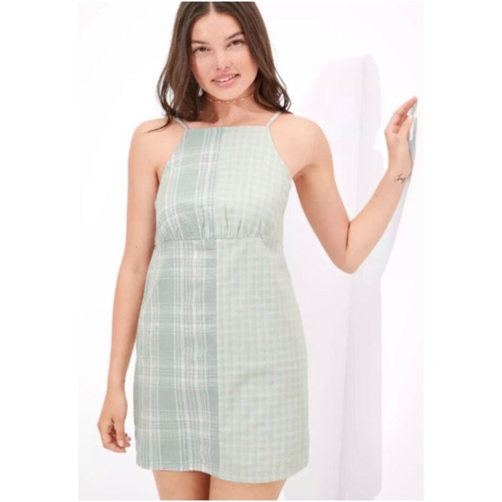 AMERICAN EAGLE Spaghetti Straps Plaid Green Mini Dress